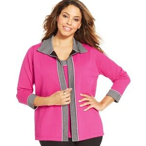 Jones New York Open Cardigan Pink w/ Black & White Accent 3/4 Sleeve Size Medium